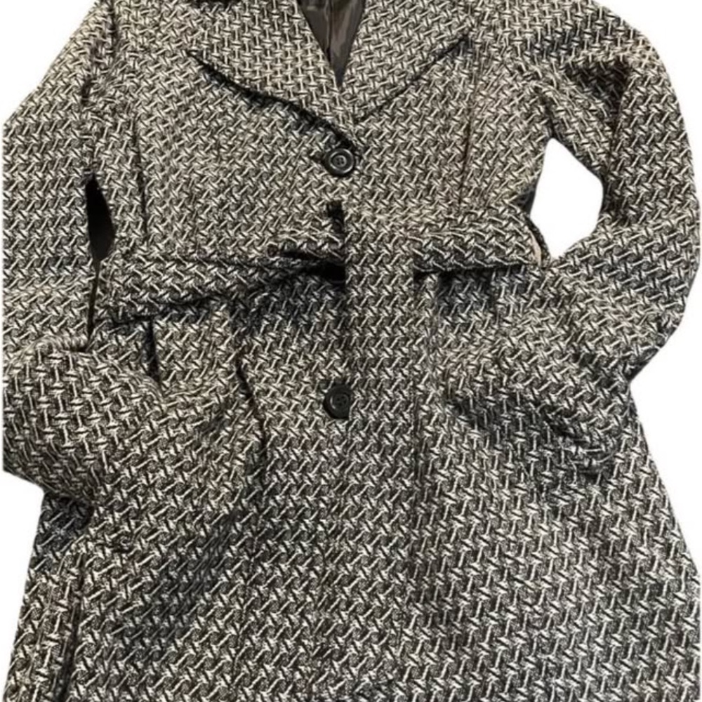 J2 by Joujou juniors Tweed Houndstooth Tailored Pea coat w Belt Black White